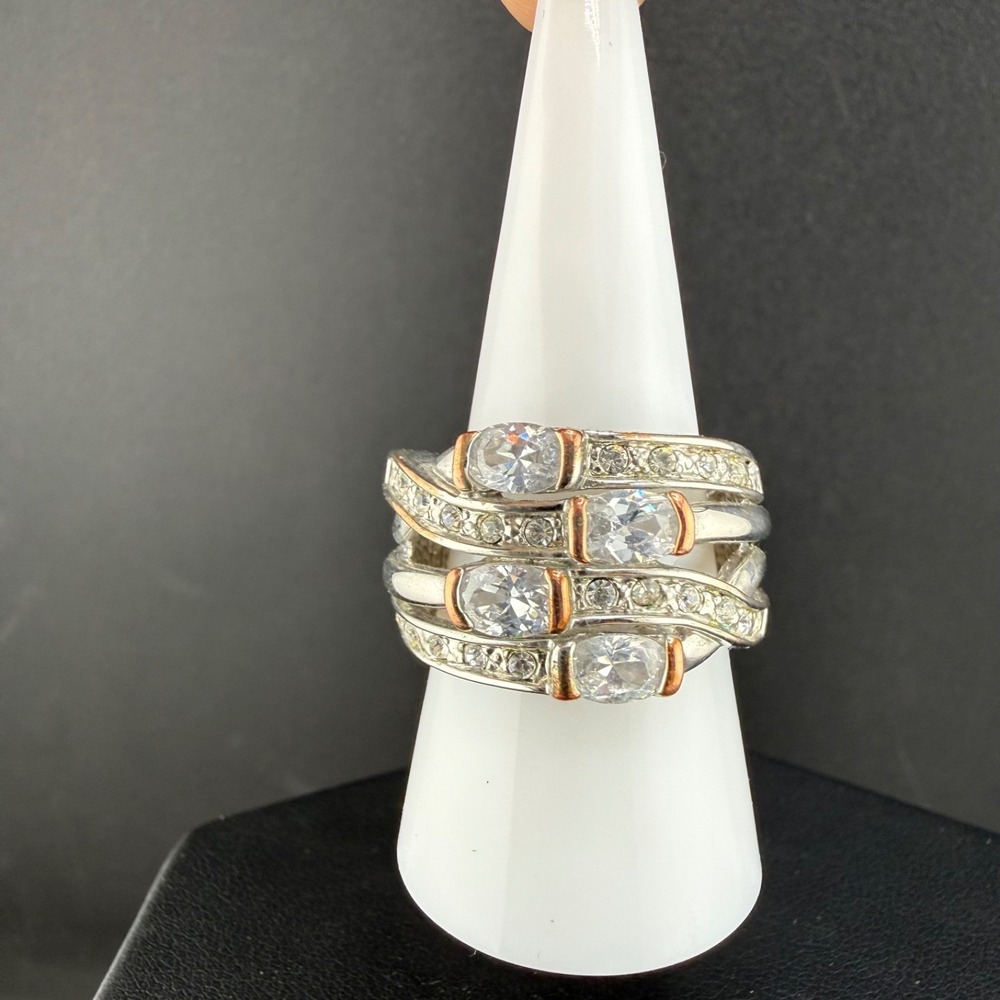 Cocktail Ring Silver Tone Rhinestone Wide Band Multi Row Size 8.5